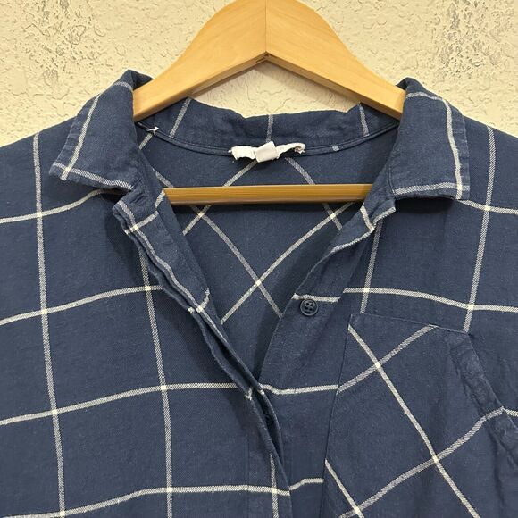 LUNYA Button Up Shirt Navy Blue Windowpane 3/4 Sleeve Cotton-Blend - Picture 5 of 9